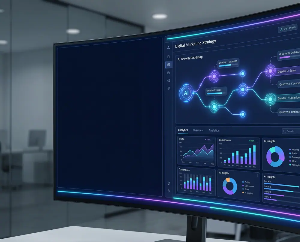 AI dijital pazarlama stratejisini gösteren veri odaklı dashboard